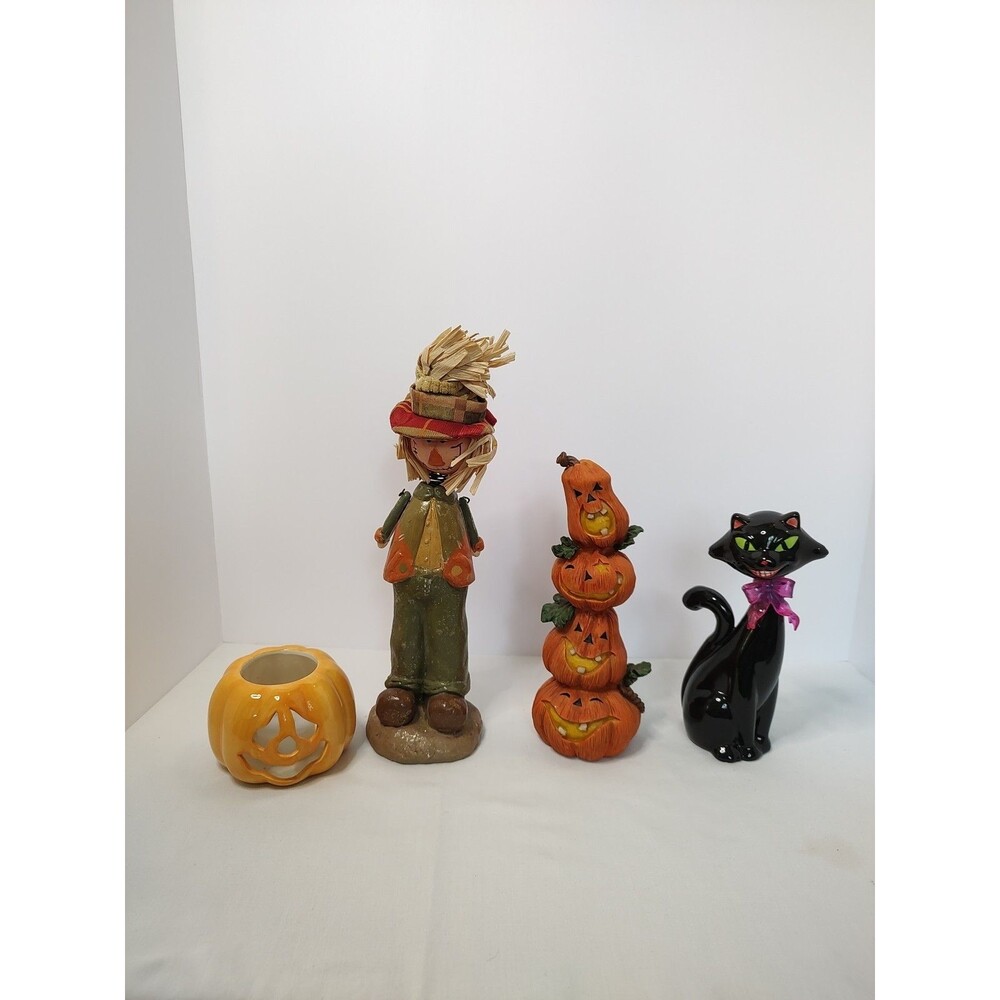 Halloween Cat, Pumpkins, Scarecrow 11" Resin And Ceramic Figurines - Set of 4